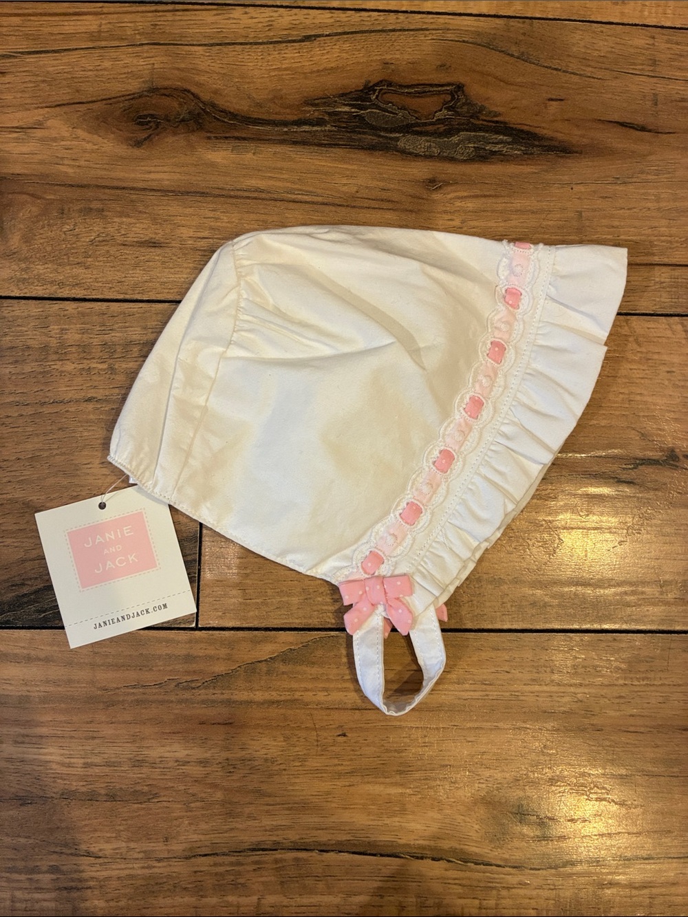 Janie and Jack Baby Bonnet with Pink Trim and Bow 100% Cotton